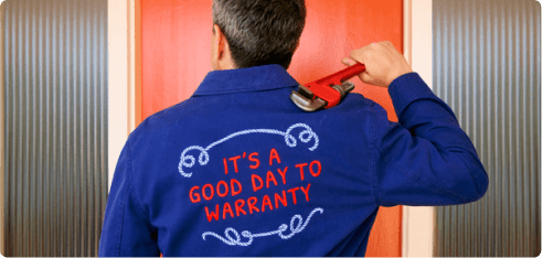 Service person with "It's a good day to warranty" on his coveralls.