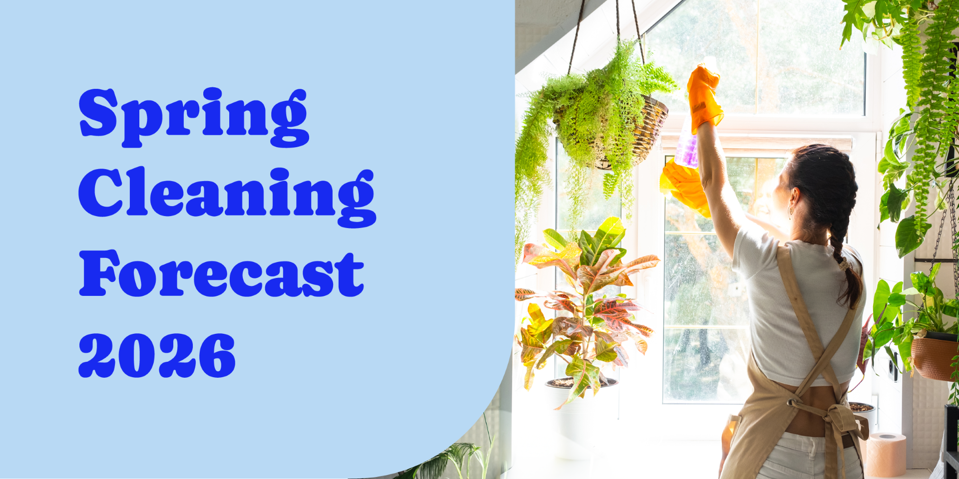 Woman cleaning window surrounded by plants